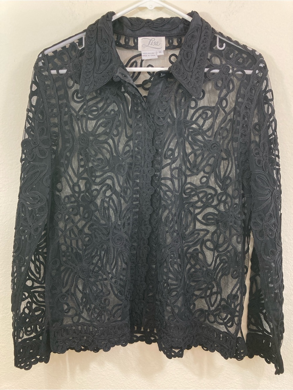 Lisa Black Sheer Button Up Blouse Size M Floral Trim Shirt